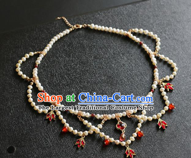 China Traditional Hanfu Red Crystal Necklace Accessories Handmade Pearls Necklet Jewelry