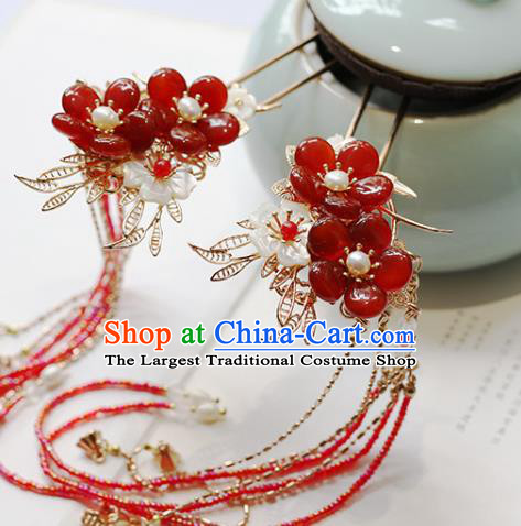 Chinese Handmade Plum Blossom Hair Stick Traditional Ming Dynasty Princess Red Beads Tassel Hairpin