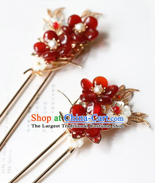 Chinese Handmade Plum Blossom Hair Stick Traditional Ming Dynasty Princess Red Beads Tassel Hairpin