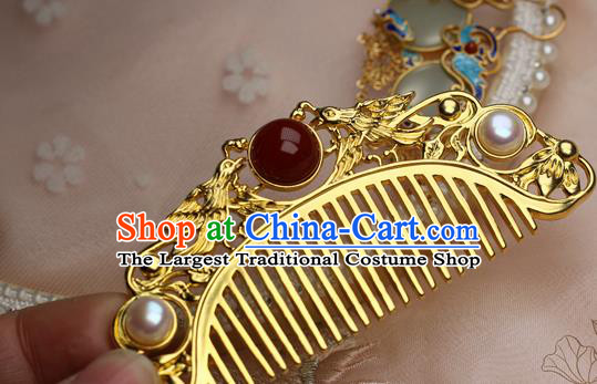 Chinese Handmade Agate Pearls Hairpin Traditional Ming Dynasty Empress Golden Hair Comb