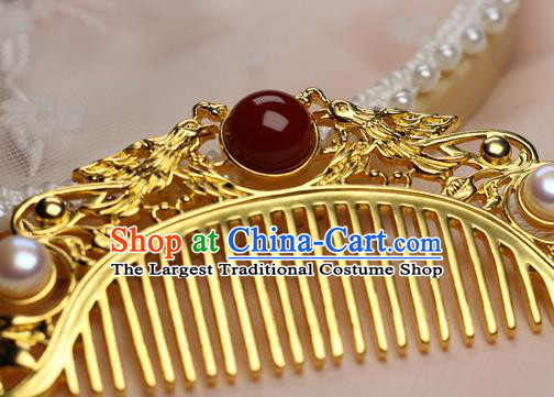 Chinese Handmade Agate Pearls Hairpin Traditional Ming Dynasty Empress Golden Hair Comb