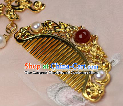 Chinese Handmade Agate Pearls Hairpin Traditional Ming Dynasty Empress Golden Hair Comb