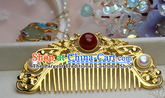 Chinese Handmade Agate Pearls Hairpin Traditional Ming Dynasty Empress Golden Hair Comb