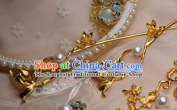 Chinese Handmade Pearls Hairpin Traditional Ming Dynasty Golden Orchid Hair Stick