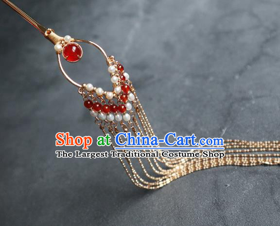 Chinese Handmade Golden Long Tassel Hair Stick Traditional Ming Dynasty Hairpin Accessories