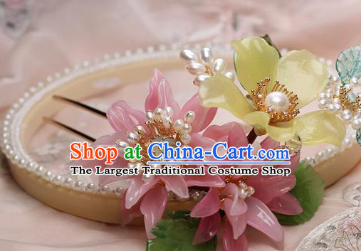 Chinese Handmade Pink Flowers Hairpin Traditional Ming Dynasty Lily Flower Hair Stick
