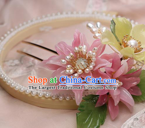 Chinese Handmade Pink Flowers Hairpin Traditional Ming Dynasty Lily Flower Hair Stick