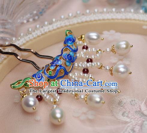 Chinese Handmade Qing Dynasty Blueing Hairpin Traditional Ancient Imperial Consort Pearls Tassel Hair Stick