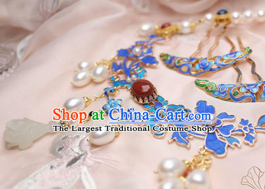 China Traditional Ming Dynasty Jade Mangnolia Tassel Necklet Accessories Handmade Hanfu Blueing Necklace
