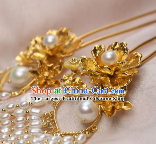 Chinese Handmade Tang Dynasty Pearls Tassel Hairpin Traditional Ancient Imperial Consort Golden Peony Hair Stick