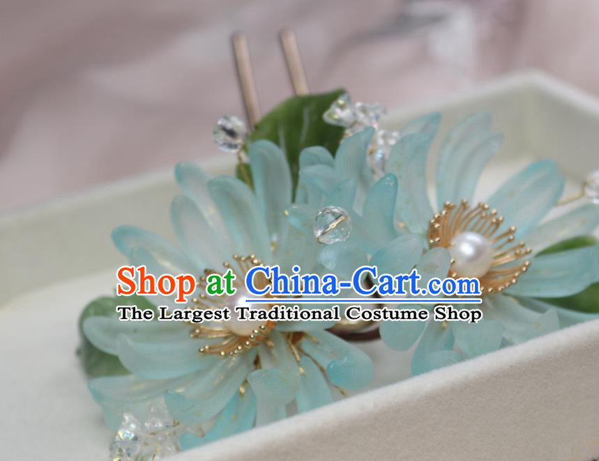 Chinese Handmade Ming Dynasty Hairpin Traditional Ancient Princess Blue Chrysanthemum Hair Stick