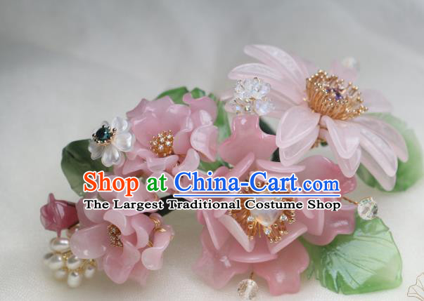 Chinese Handmade Headwear Ming Dynasty Hairpin Traditional Ancient Princess Pink Peony Hair Stick