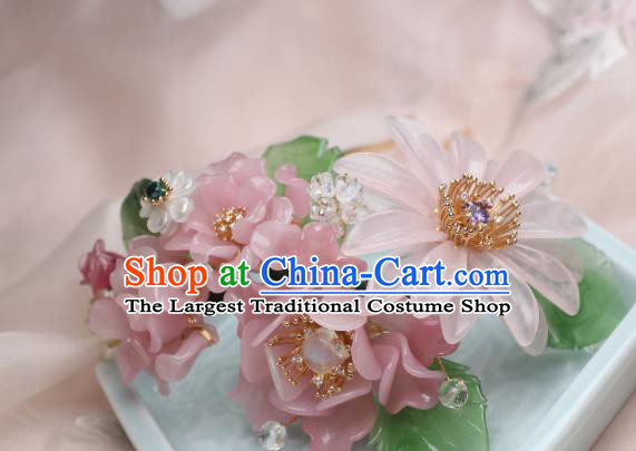 Chinese Handmade Headwear Ming Dynasty Hairpin Traditional Ancient Princess Pink Peony Hair Stick