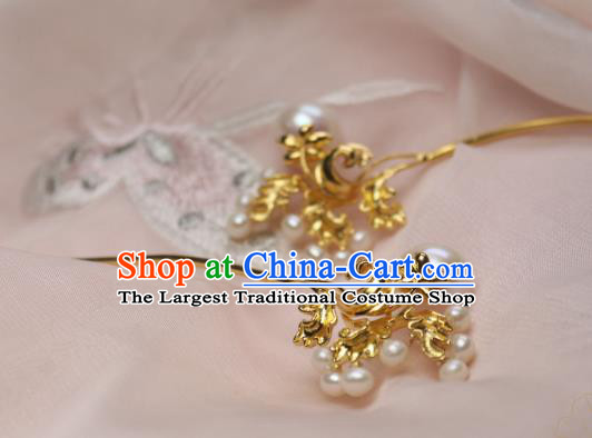 Chinese Handmade Tang Dynasty Golden Hairpin Traditional Ancient Princess Pearls Hair Stick Headpiece