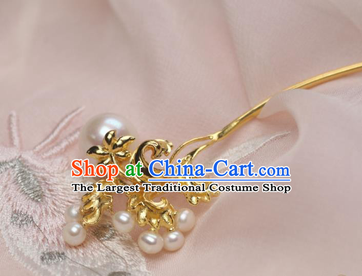 Chinese Handmade Tang Dynasty Golden Hairpin Traditional Ancient Princess Pearls Hair Stick Headpiece