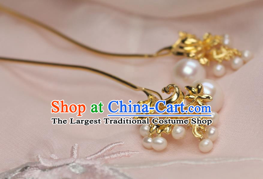 Chinese Handmade Tang Dynasty Golden Hairpin Traditional Ancient Princess Pearls Hair Stick Headpiece