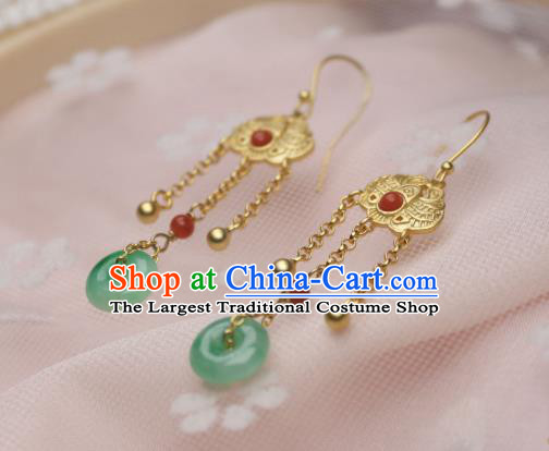 China Traditional Qing Dynasty Imperial Consort Jade Peace Buckle Earrings Ancient Empress Golden Ear Jewelry
