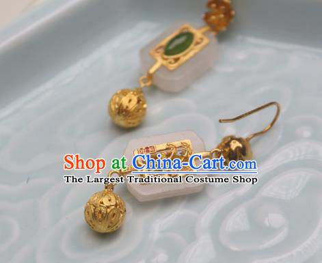 China Traditional Cheongsam White Jade Earrings Ancient Princess Golden Ear Jewelry