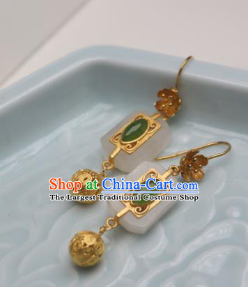 China Traditional Cheongsam White Jade Earrings Ancient Princess Golden Ear Jewelry