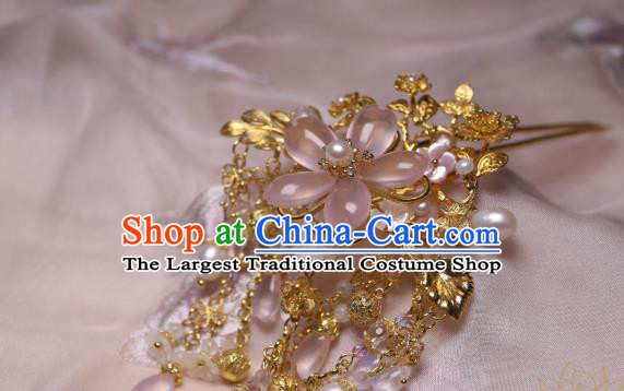 Chinese Handmade Pink Sakura Hairpin Traditional Ancient Princess Moonstone Hair Stick Headwear