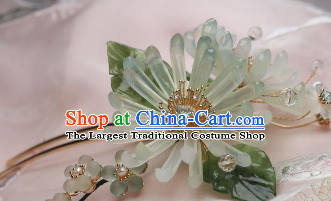 Chinese Handmade Crystal Pearls Hairpin Traditional Ancient Princess Green Chrysanthemum Hair Stick