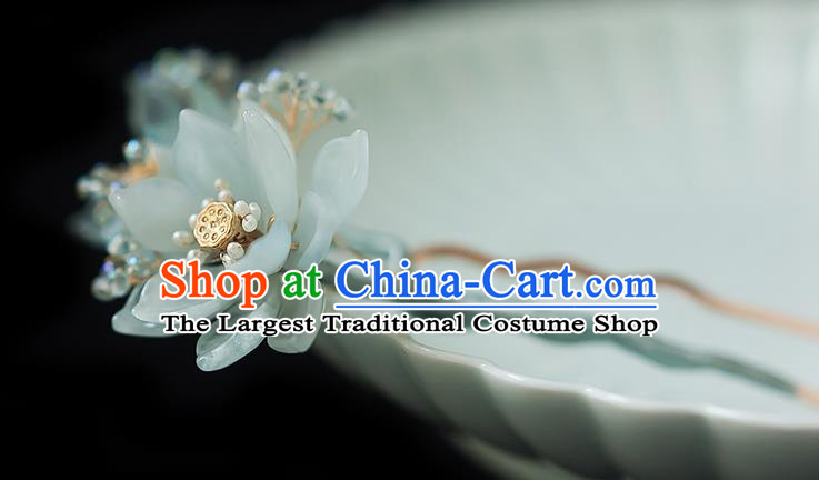Chinese Handmade Blue Lotus Hair Stick Traditional Ming Dynasty Princess Hairpin