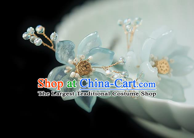 Chinese Handmade Blue Lotus Hair Stick Traditional Ming Dynasty Princess Hairpin