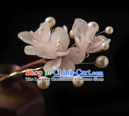 Chinese Handmade Pink Mangnolia Hair Stick Traditional Ming Dynasty Princess Rose Quartz Hairpin