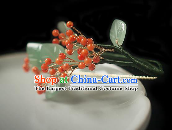 Chinese Handmade Berry Hair Stick Traditional Ming Dynasty Princess Green Leaf Hairpin
