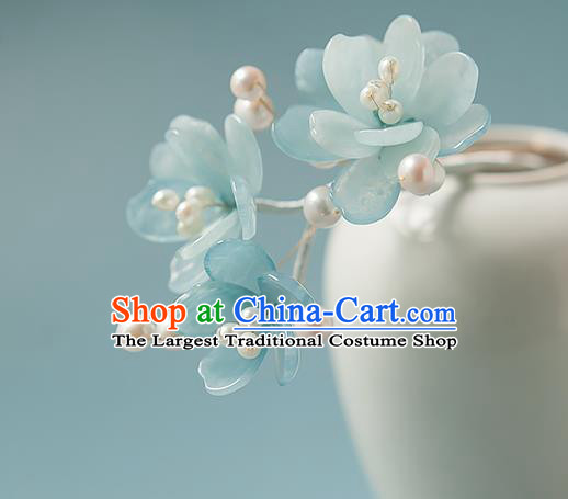 Chinese Handmade Blue Flowers Hair Stick Traditional Tang Dynasty Princess Tassel Hairpin