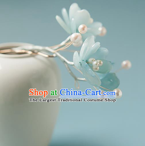 Chinese Handmade Blue Flowers Hair Stick Traditional Tang Dynasty Princess Tassel Hairpin