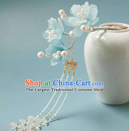 Chinese Handmade Blue Flowers Hair Stick Traditional Tang Dynasty Princess Tassel Hairpin