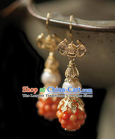 China Traditional Hanfu Golden Bat Earrings Ancient Ming Dynasty Princess Orange Beads Gourd Ear Jewelry