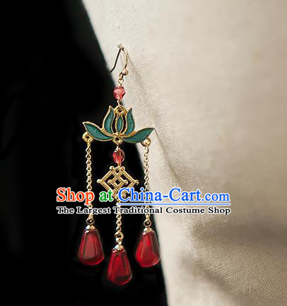 China Traditional Hanfu Red Beads Tassel Earrings Ancient Ming Dynasty Princess Lotus Ear Jewelry