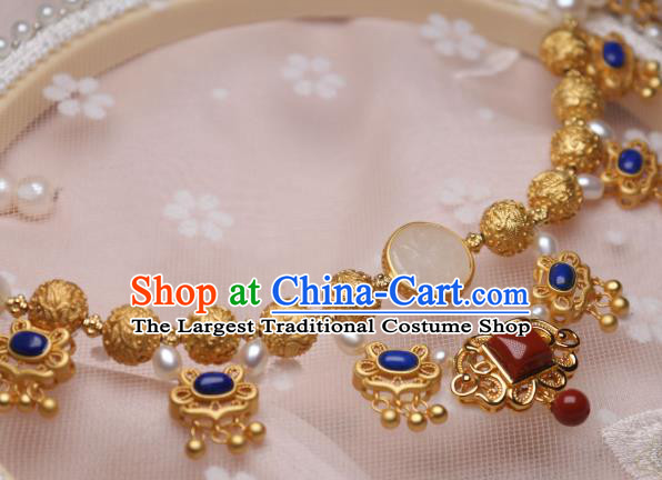 China Traditional Tang Dynasty Golden Necklet Accessories Handmade Hanfu Phoenix Pattern Necklace