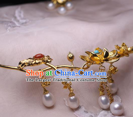 China Traditional Tang Dynasty Golden Lotus Necklet Accessories Handmade Hanfu Pearls Tassel Necklace