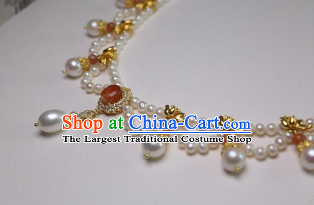 China Traditional Tang Dynasty Agate Necklet Accessories Handmade Hanfu Pearls Necklace