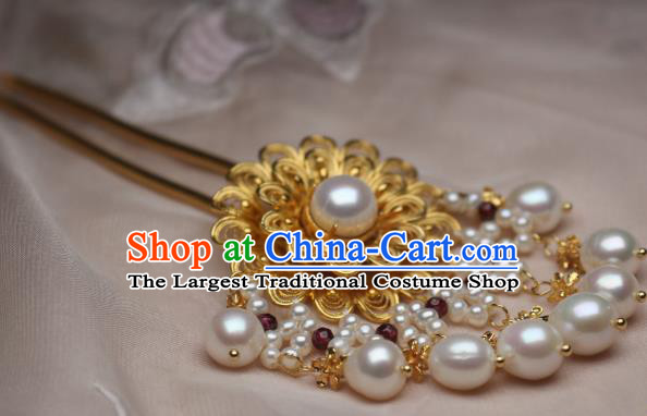 Chinese Handmade Tang Dynasty Court Hair Stick Traditional Ancient Princess Golden Peony Tassel Hairpin