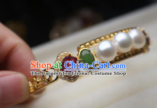 China Traditional Qing Dynasty Tourmaline Pearls Bracelet Accessories Handmade Golden Bangle Jewelry
