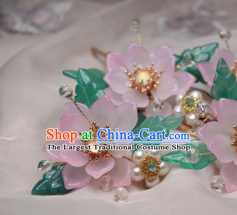 Chinese Handmade Pink Epiphyllum Hair Stick Traditional Ancient Princess White Chalcedony Hairpin