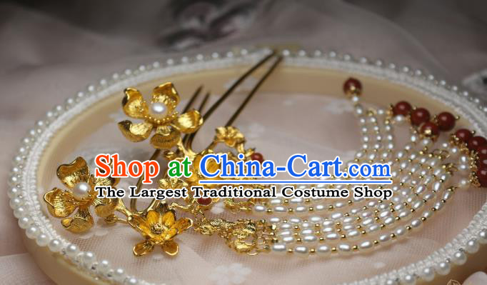Chinese Handmade Tang Dynasty Pearls Tassel Hair Stick Traditional Ancient Princess Golden Lotus Hairpin