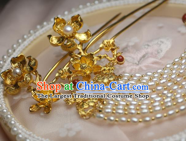 Chinese Handmade Tang Dynasty Pearls Tassel Hair Stick Traditional Ancient Princess Golden Lotus Hairpin