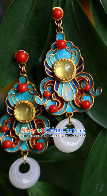 China Traditional Cheongsam White Jade Earrings Classical Chalcedony Ear Jewelry