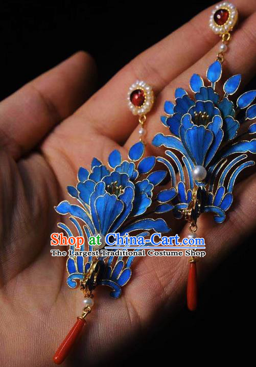 China Classical Pearls Tourmaline Ear Jewelry Traditional Cheongsam Blueing Phoenix Earrings