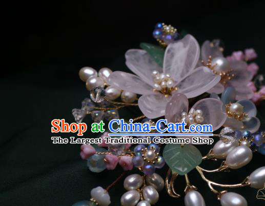 Chinese Handmade Ming Dynasty Pearls Hair Stick Traditional Ancient Princess Pink Begonia Hairpin