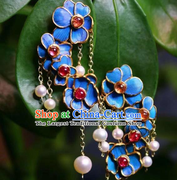 China Classical Tourmaline Ear Jewelry Traditional Cheongsam Pearls Tassel Earrings