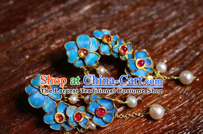 China Classical Tourmaline Ear Jewelry Traditional Cheongsam Pearls Tassel Earrings