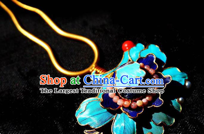 Chinese Handmade Qing Dynasty Blueing Hair Stick Traditional Ancient Imperial Consort Tourmaline Beads Hairpin