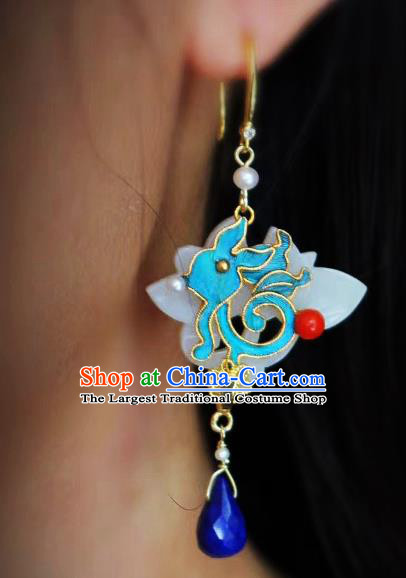 China Classical Lapis Blueing Ear Jewelry Traditional Cheongsam Jade Earrings