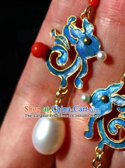 China Classical Pearl Ear Jewelry Traditional Cheongsam Blue Rabbit Earrings